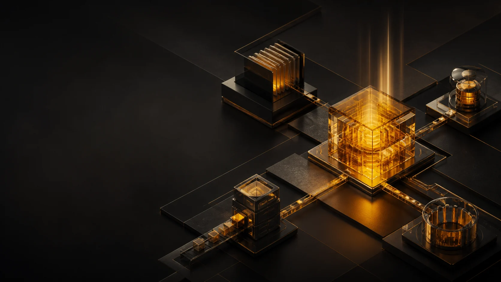 Estrutura modular preta conectada a um núcleo luminoso dourado